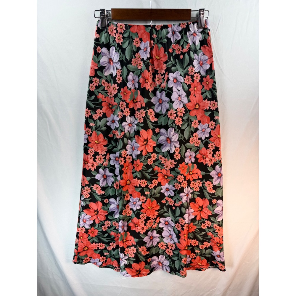 Abel The Label Floral Midi Skirt Small Black Coral Lavender A-Line Satin
